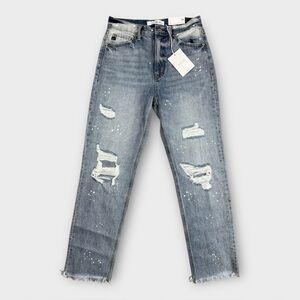 KanCan High Rise Distressed Slim Straight Crop Jeans 3/25 Raw Hem Paint Splatter